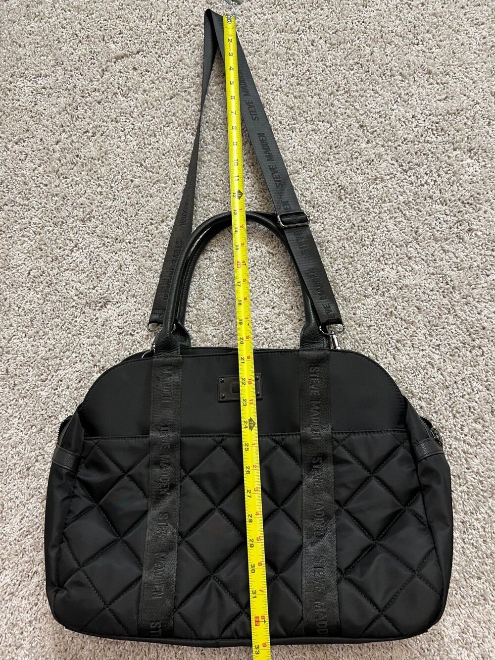 “Steve Madden Black Quilted Duffle Bag Shoulder Handbag Travel Gym Tote” - Picture 3 of 9